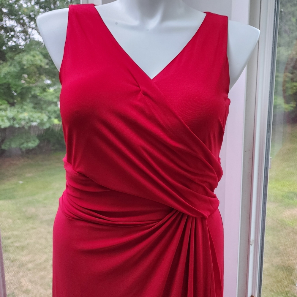 CHAPS Dark Red Stretch Jersey Faux Wrap Ruched Maxi Dress - Picture 3 of 11